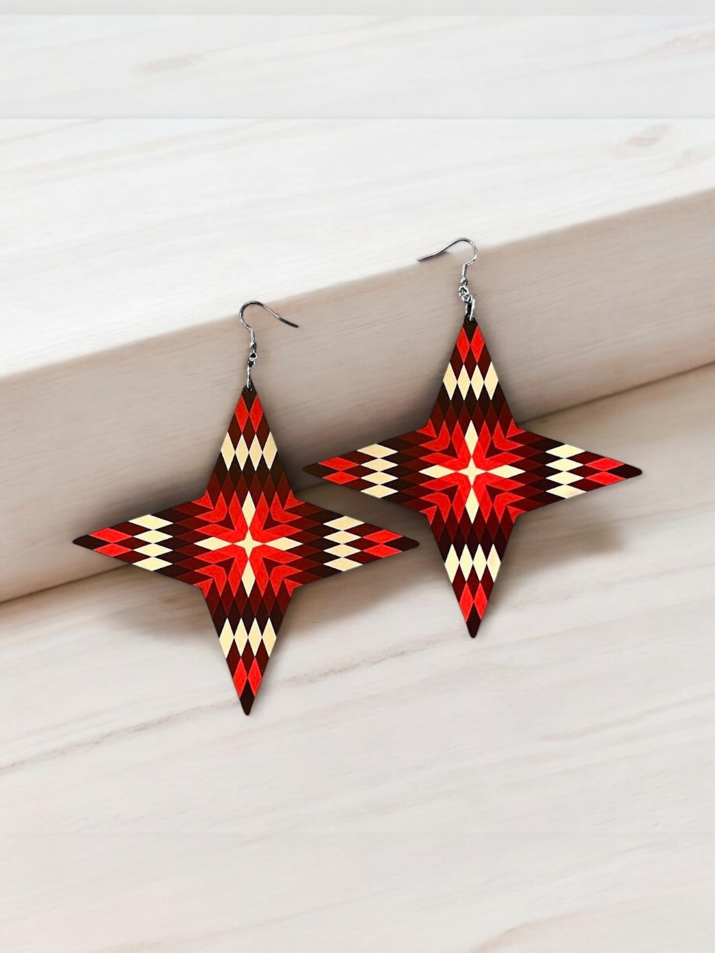 4 Pointed Star Earrings (Red/Cream)